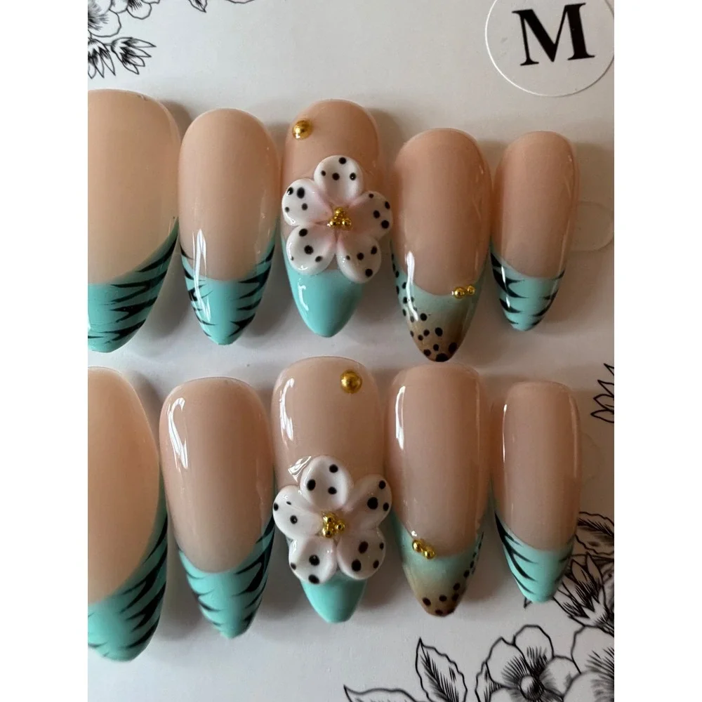 Mint Green 3D Floral & Tiger Stripe Press On Nails Set Size M Handmade